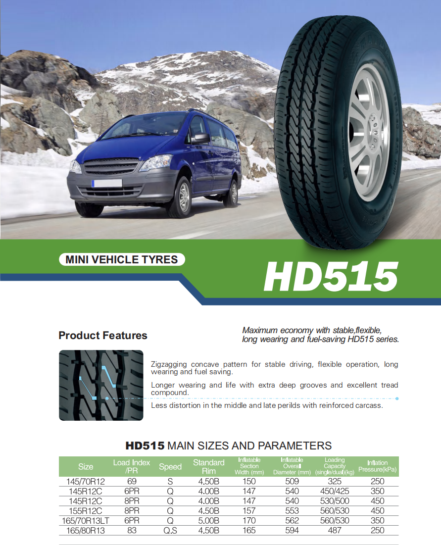 Mini vehicle tyres HD515 HD517 145/70R12 155R12C 500R12 185R14C